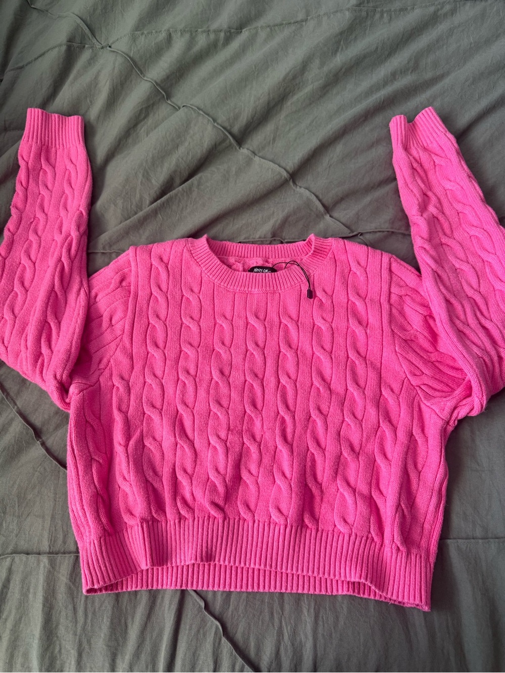 Nasty Gal Cable-Knit Crewneck Sweater - Hot Pink